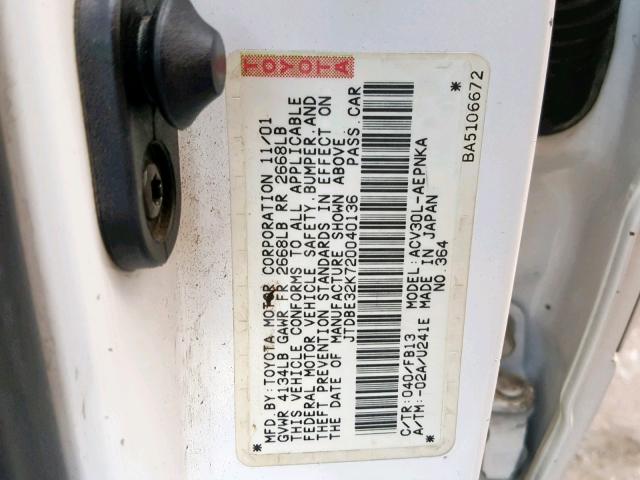 JTDBE32K720040136 - 2002 TOYOTA CAMRY LE WHITE photo 10