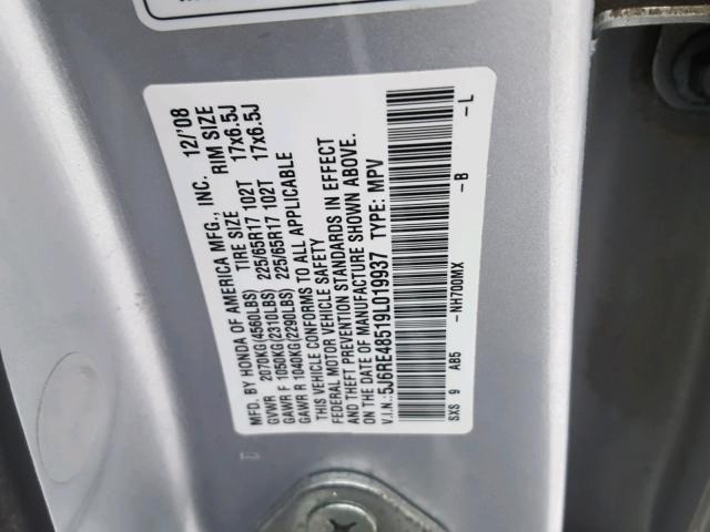 5J6RE48519L019937 - 2009 HONDA CR-V EX SILVER photo 10