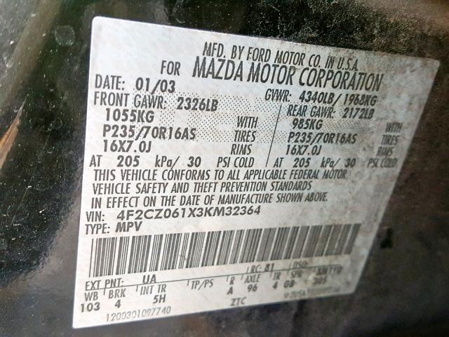 4F2CZ061X3KM32364 - 2003 MAZDA TRIBUTE ES BLACK photo 10