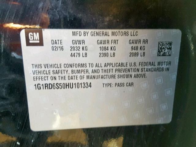 1G1RD6S50HU101334 - 2017 CHEVROLET VOLT PREMI BLACK photo 10