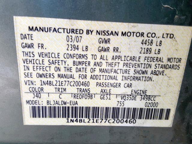 1N4BL21E77C200460 - 2007 NISSAN ALTIMA 3.5 GREEN photo 10