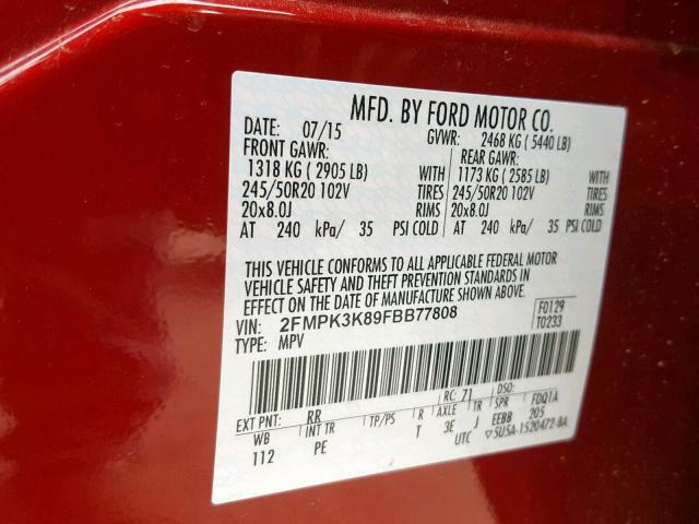 2FMPK3K89FBB77808 - 2015 FORD EDGE TITAN RED photo 10