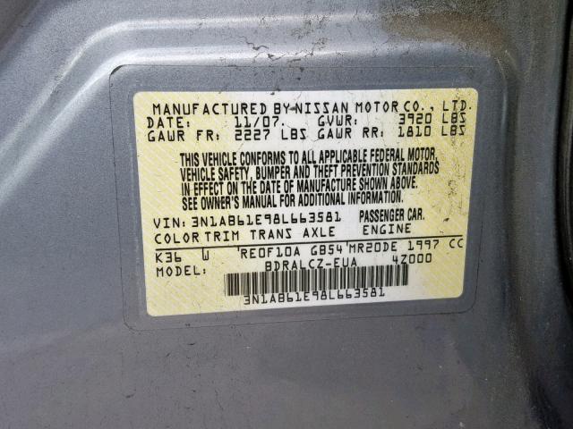 3N1AB61E98L663581 - 2008 NISSAN SENTRA 2.0 GRAY photo 10