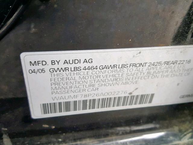 WAUMF78P26A002276 - 2006 AUDI A3 2.0 SPO BLACK photo 10