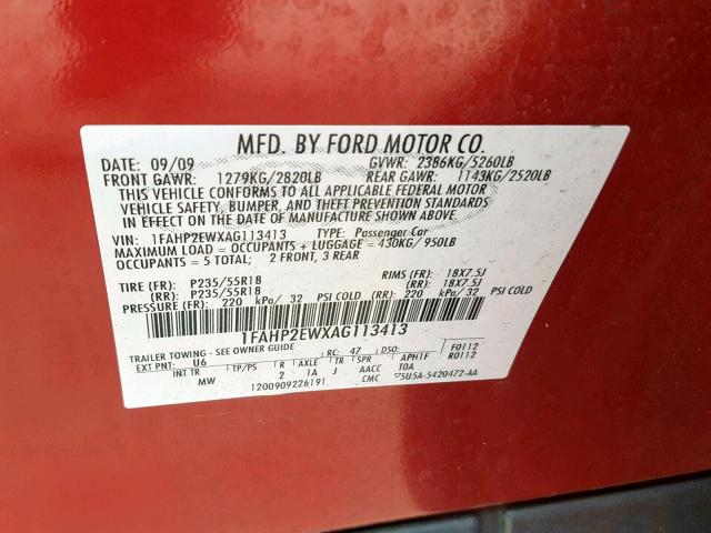 1FAHP2EWXAG113413 - 2010 FORD TAURUS SEL RED photo 10