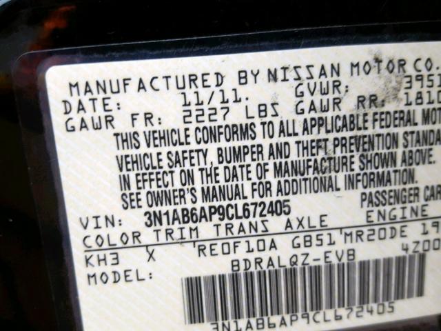 3N1AB6AP9CL672405 - 2012 NISSAN SENTRA 2.0 BLACK photo 10