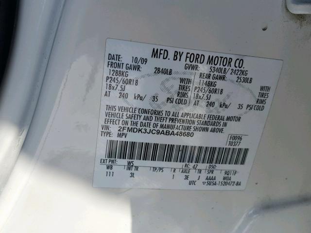 2FMDK3JC9ABA48680 - 2010 FORD EDGE SEL WHITE photo 10