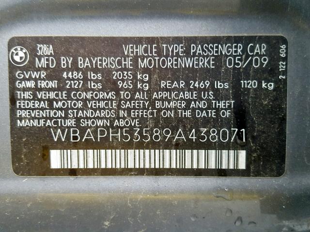 WBAPH53589A438071 - 2009 BMW 328 I SULE GRAY photo 10