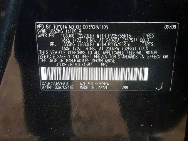 JTLKE50E191081587 - 2009 TOYOTA SCION XB Қара фото 10