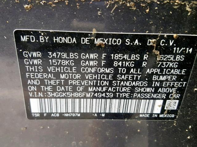 3HGGK5H86FM749439 - 2015 HONDA FIT EX GRAY photo 10