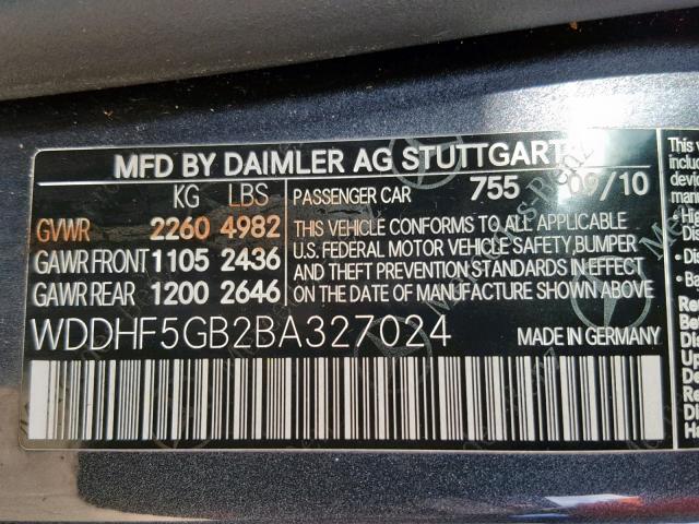 WDDHF5GB2BA327024 - 2011 MERCEDES-BENZ E 350 GRAY photo 10