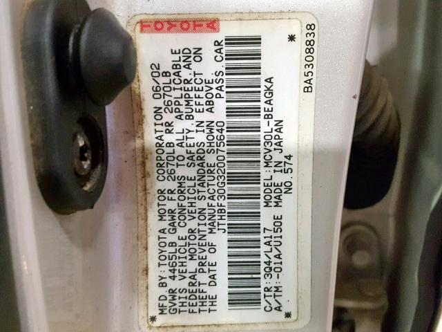 JTHBF30G320075640 - 2002 LEXUS ES 300 TAN photo 10