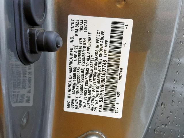 5J6YH18908L007748 - 2008 HONDA ELEMENT SC CHARCOAL photo 10