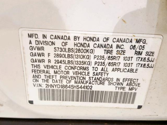 2HNYD18645H544102 - 2005 ACURA MDX TOURIN WHITE photo 10