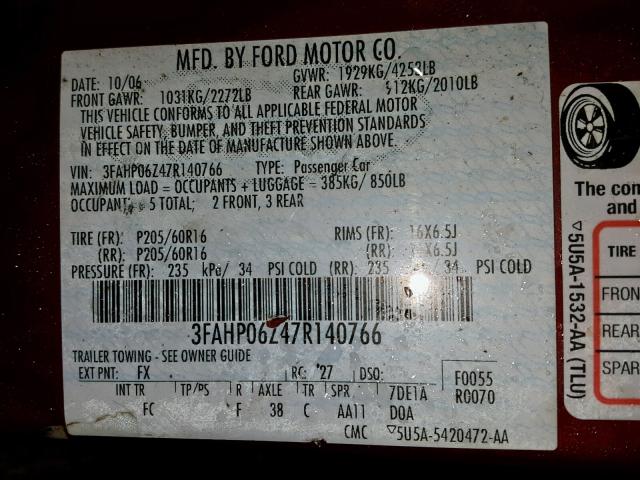 3FAHP06Z47R140766 - 2007 FORD FUSION S RED photo 10