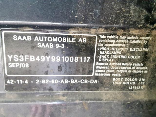 YS3FB49Y991008117 - 2009 SAAB 9-3 2.0T CHARCOAL photo 10