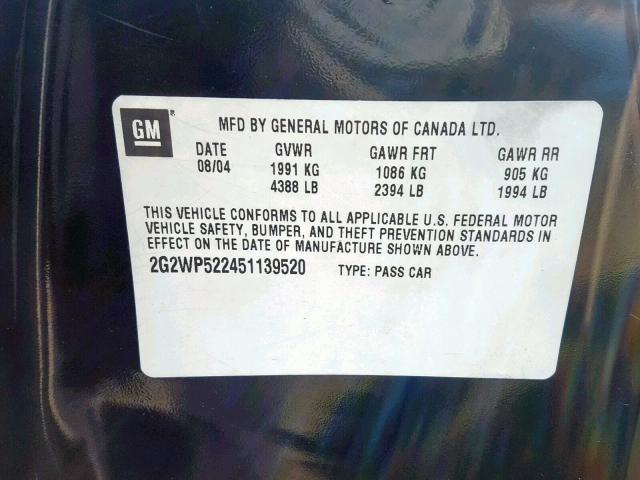 2G2WP522451139520 - 2005 PONTIAC GRAND PRIX BLACK photo 10