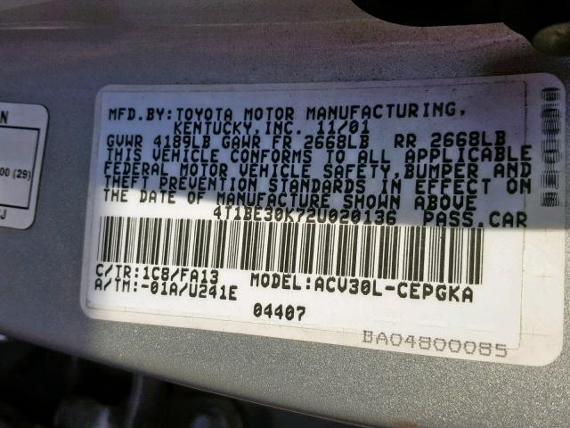 4T1BE30K72U020136 - 2002 TOYOTA CAMRY LE SILVER photo 10