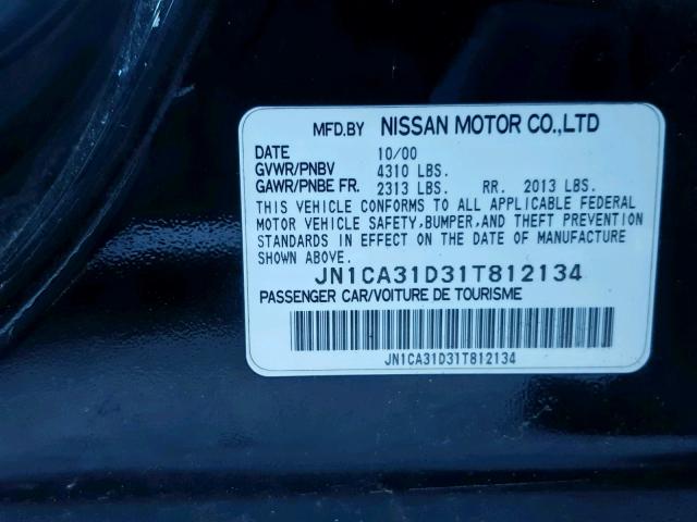 JN1CA31D31T812134 - 2001 NISSAN MAXIMA GXE BLACK photo 10