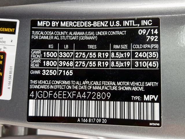 4JGDF6EEXFA472809 - 2015 MERCEDES-BENZ GL 450 4MA GRAY photo 10