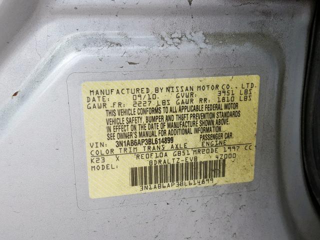 3N1AB6AP3BL614899 - 2011 NISSAN SENTRA 2.0 SILVER photo 10