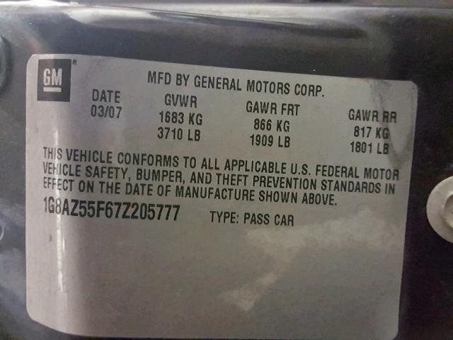 1G8AZ55F67Z205777 - 2007 SATURN ION LEVEL BLACK photo 10