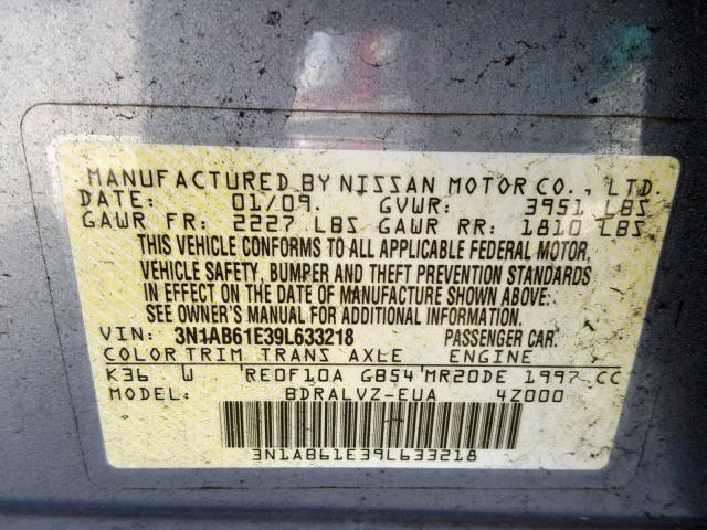 3N1AB61E39L633218 - 2009 NISSAN SENTRA 2.0 GRAY photo 10