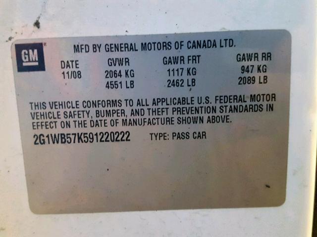 2G1WB57K591220222 - 2009 CHEVROLET IMPALA LS WHITE photo 10