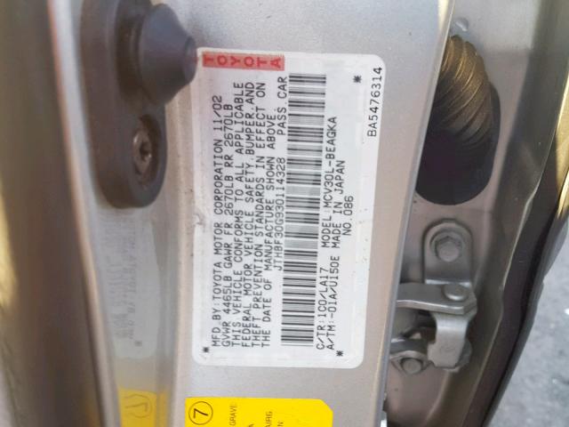 JTHBF30G930114328 - 2003 LEXUS ES 300 SILVER photo 10