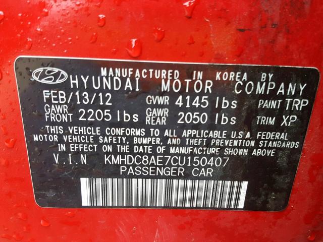 KMHDC8AE7CU150407 - 2012 HYUNDAI ELANTRA TO RED photo 10