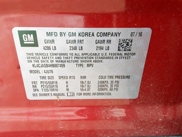 KL4CJASB4HB007459 - 2017 BUICK ENCORE PRE RED photo 10