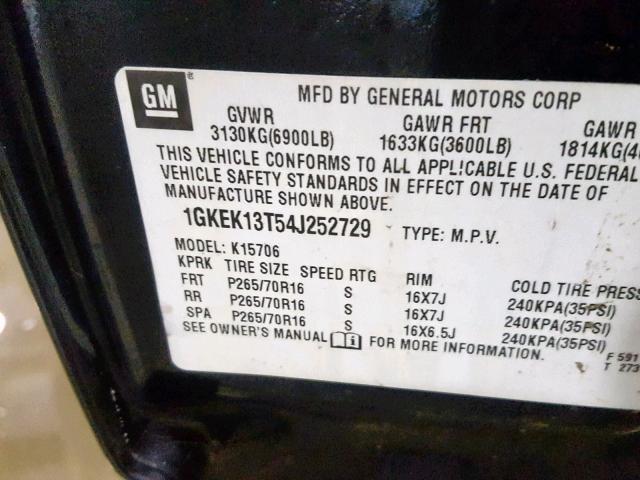 1GKEK13T54J252729 - 2004 GMC YUKON BLACK photo 10