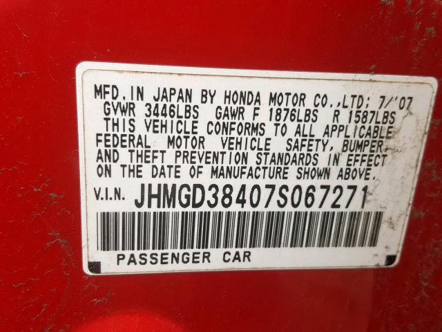 JHMGD38407S067271 - 2007 HONDA FIT RED photo 10