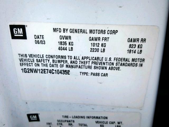 1G2NW12E74C104352 - 2004 PONTIAC GRAND AM G WHITE photo 10