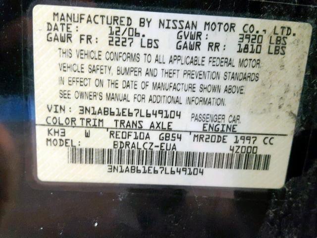 3N1AB61E67L649104 - 2007 NISSAN SENTRA 2.0 BLACK photo 10