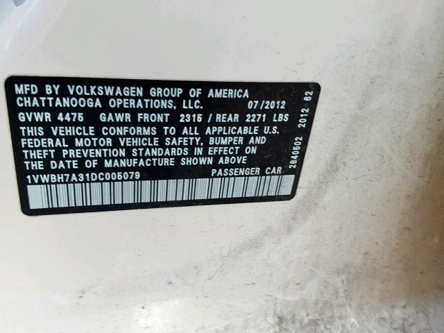 1VWBH7A31DC005079 - 2013 VOLKSWAGEN PASSAT SE WHITE photo 10