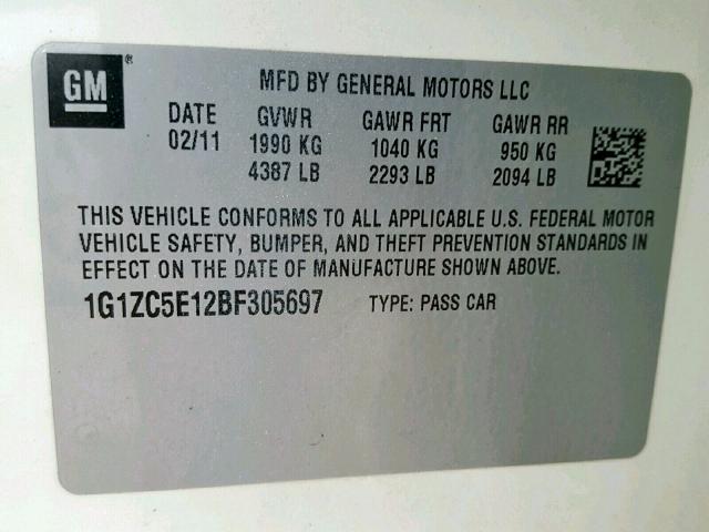 1G1ZC5E12BF305697 - 2011 CHEVROLET MALIBU 1LT თეთრი ფოტო 10