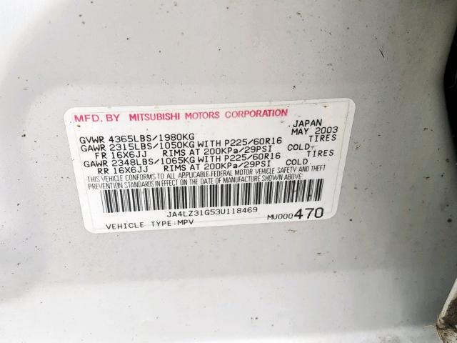 JA4LZ31G53U118469 - 2003 MITSUBISHI OUTLANDER SILVER photo 10