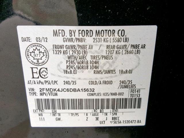 2FMDK4JC6DBA15632 - 2013 FORD EDGE SEL BLACK photo 10