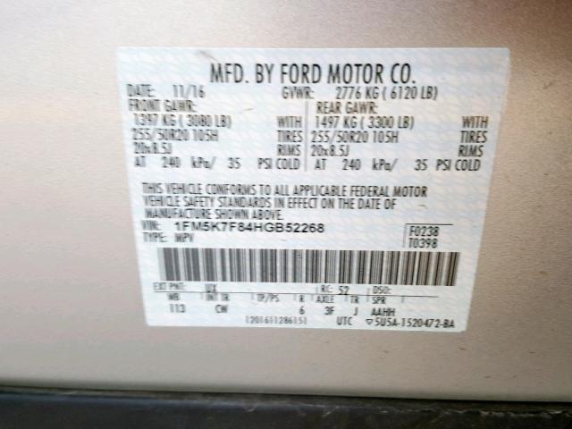 1FM5K7F84HGB52268 - 2017 FORD EXPLORER L SILVER photo 10