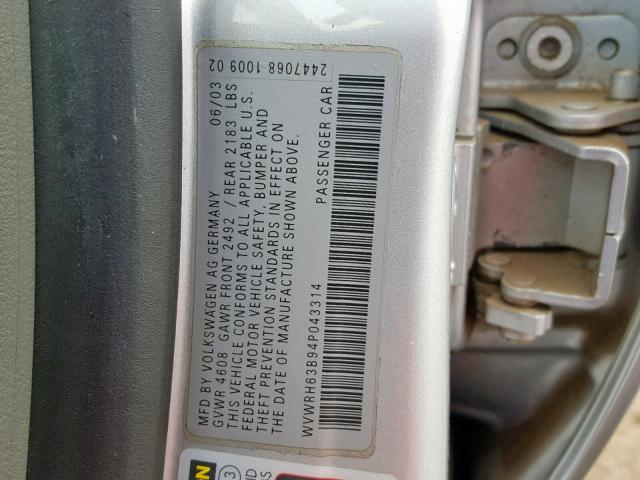 WVWRH63B94P043314 - 2004 VOLKSWAGEN PASSAT GLX 银色 照片 10