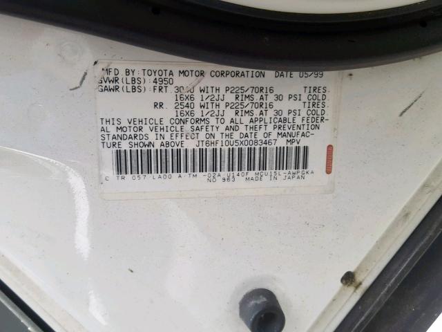 JT6HF10U5X0083467 - 1999 LEXUS RX 300 WHITE photo 10