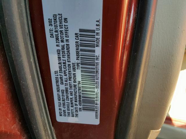 4S3BH896127657794 - 2002 SUBARU LEGACY OUT RED photo 10