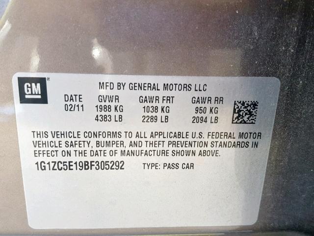 1G1ZC5E19BF305292 - 2011 CHEVROLET MALIBU 1LT 棕色 照片 10