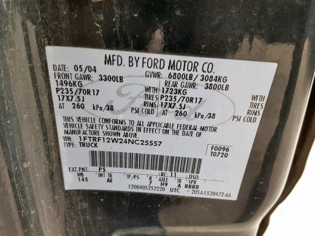 1FTRF12W24NC25557 - 2004 FORD F150 GREEN photo 10