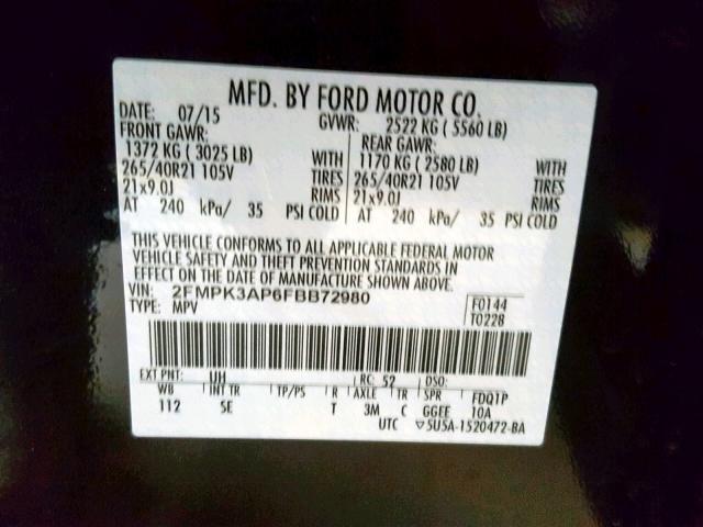 2FMPK3AP6FBB72980 - 2015 FORD EDGE SPORT BLACK photo 10