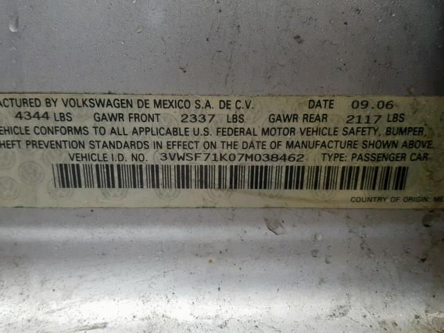 3VWSF71K07M038462 - 2007 VOLKSWAGEN JETTA 2.5 SILVER photo 10