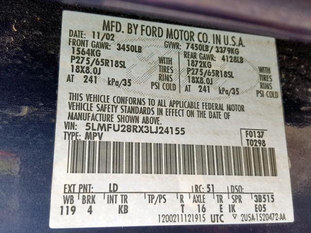 5LMFU28RX3LJ24155 - 2003 LINCOLN NAVIGATOR 蓝色 照片 10