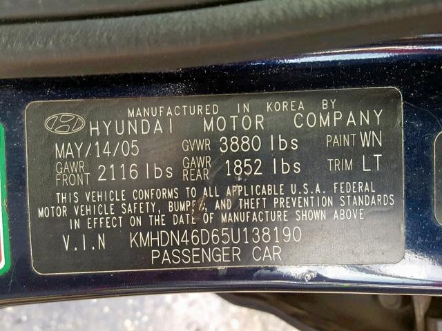 KMHDN46D65U138190 - 2005 HYUNDAI ELANTRA GL BLUE photo 10