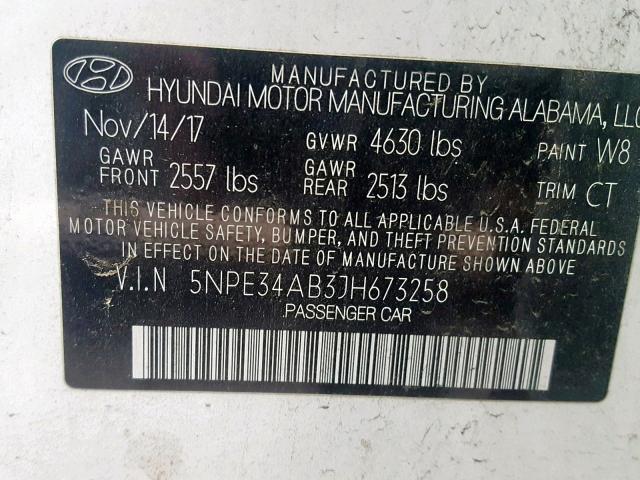 5NPE34AB3JH673258 - 2018 HYUNDAI SONATA SPO WHITE photo 10